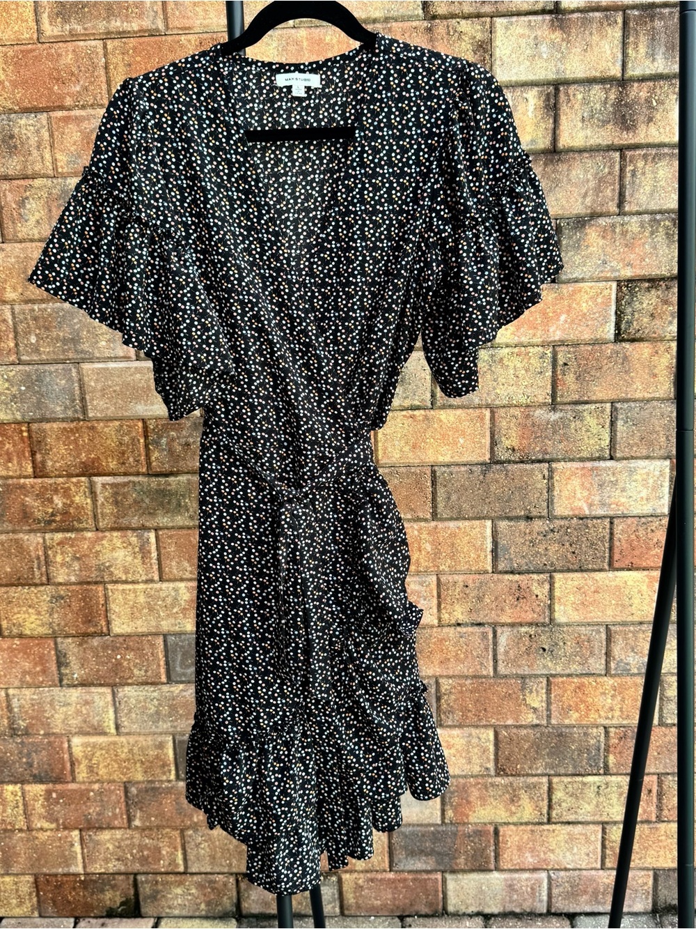 Max Studio Black Wrap Mini Dress with White & Blush Dot Print
